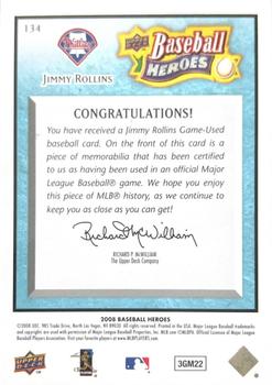 2008 Upper Deck Baseball Heroes - Memorabilia Light Blue #134 Jimmy Rollins Back