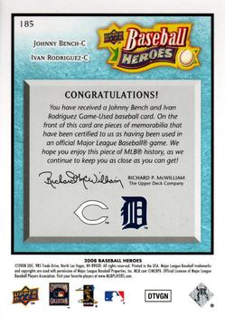 2008 Upper Deck Baseball Heroes - Memorabilia Light Blue #185 Johnny Bench / Ivan Rodriguez Back