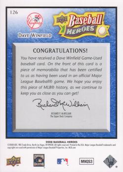 2008 Upper Deck Baseball Heroes - Memorabilia Navy Blue #126 Dave Winfield Back