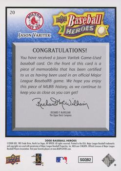 2008 Upper Deck Baseball Heroes - Memorabilia Navy Blue #20 Jason Varitek Back