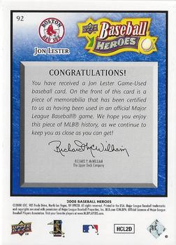 2008 Upper Deck Baseball Heroes - Memorabilia Navy Blue #92 Jon Lester Back