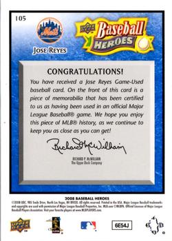 2008 Upper Deck Baseball Heroes - Memorabilia Navy Blue #105 Jose Reyes Back