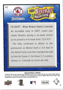 2008 Upper Deck Baseball Heroes - Navy Blue #92 Jon Lester Back