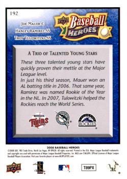 2008 Upper Deck Baseball Heroes - Navy Blue #192 Joe Mauer / Hanley Ramirez / Troy Tulowitzki Back