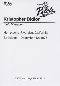 2003 Anchorage Glacier Pilots #NNO Kristopher Didion Back