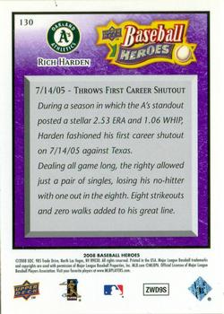 2008 Upper Deck Baseball Heroes - Purple #130 Rich Harden Back
