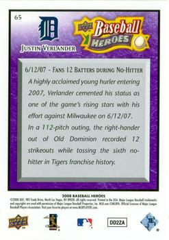 2008 Upper Deck Baseball Heroes - Purple #65 Justin Verlander Back