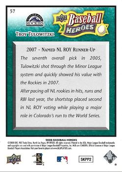 2008 Upper Deck Baseball Heroes - Sea Green #57 Troy Tulowitzki Back
