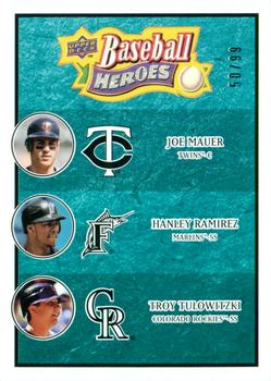 2008 Upper Deck Baseball Heroes - Sea Green #192 Joe Mauer / Hanley Ramirez / Troy Tulowitzki Front