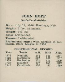 1941 St. Louis Cardinals (W754) #NNO John Hopp Back