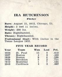 1941 St. Louis Cardinals (W754) #NNO Ira Hutchinson Back