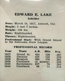 1941 St. Louis Cardinals (W754) #NNO Eddie Lake Back