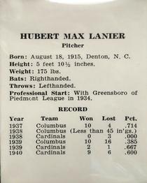 1941 St. Louis Cardinals (W754) #NNO Max Lanier Back