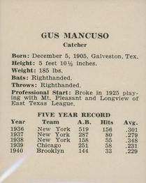 1941 St. Louis Cardinals (W754) #NNO Gus Mancuso Back