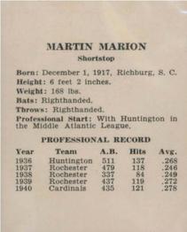 1941 St. Louis Cardinals (W754) #NNO Marty Marion Back