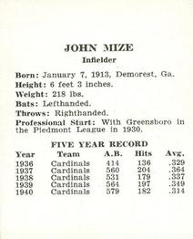 1941 St. Louis Cardinals (W754) #NNO John Mize Back