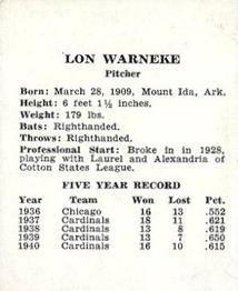 1941 St. Louis Cardinals (W754) #NNO Lon Warneke Back