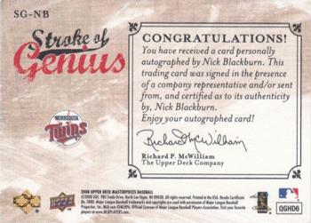 2008 Upper Deck Masterpieces - Stroke of Genius Signatures #SG-NB Nick Blackburn Back