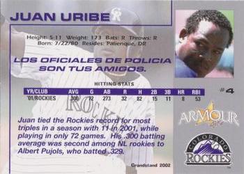 2002 Grandstand Colorado Rockies Police #NNO Juan Uribe Back
