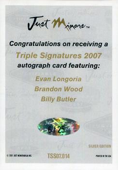 2007 Just Autographs - Triple Signatures Silver Edition #TS07.014 Evan Longoria / Brandon Wood / Billy Butler Back