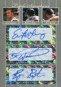 2007 Just Autographs - Triple Signatures Silver Edition #TS07.014 Evan Longoria / Brandon Wood / Billy Butler Front