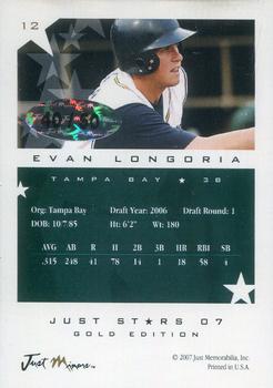 2007 Just Autographs - Just Stars Gold Edition (1-25) #12 Evan Longoria Back