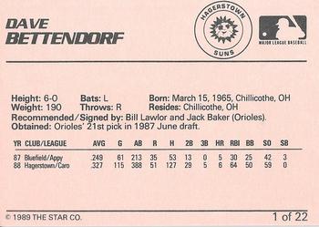 1989 Star Hagerstown Suns - Platinum #1 Dave Bettendorf Back