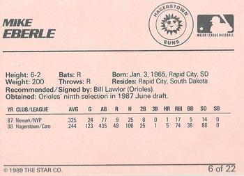 1989 Star Hagerstown Suns - Platinum #6 Mike Eberle Back