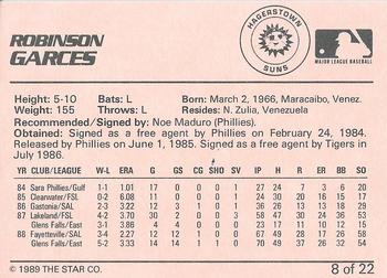 1989 Star Hagerstown Suns - Platinum #8 Robinson Garces Back