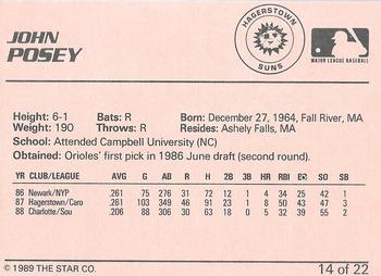 1989 Star Hagerstown Suns - Platinum #14 John Posey Back