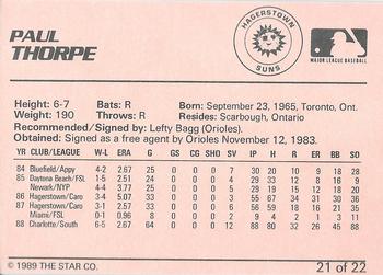 1989 Star Hagerstown Suns - Platinum #21 Paul Thorpe Back