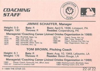 1989 Star Hagerstown Suns - Platinum #22 Coaching Staff (Jimmie Schaffer / Tom Brown) Back