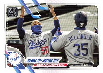 2021 Topps #303 Hands Up! Masks Up! (Mookie Betts / Cody Bellinger) Front