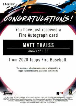 2020 Topps Fire - Fire Autographs #FA-MTH Matt Thaiss Back