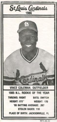 1986 Schnucks Milk St. Louis Cardinals #NNO Vince Coleman Front