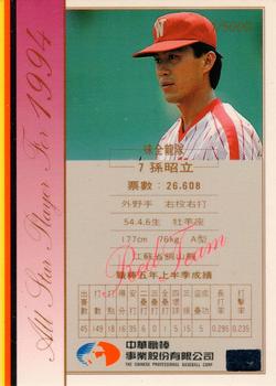 1994 CPBL All-Star Players #NNO Chao-Li Sun Back