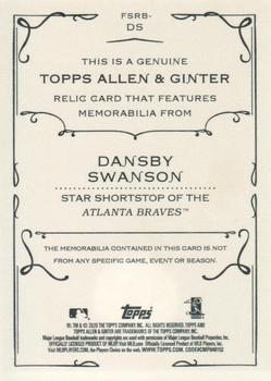 2020 Topps Allen & Ginter - Full-Size Relics B #FSRB-DS Dansby Swanson Back
