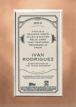 2020 Topps Allen & Ginter - Mini Framed Relics #MFR-IR Ivan Rodriguez Back