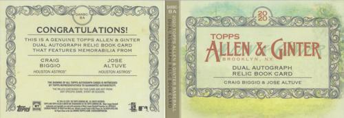 2020 Topps Allen & Ginter - Dual Autographed Relic Book Cards #DARBC-BA Craig Biggio / Jose Altuve Back