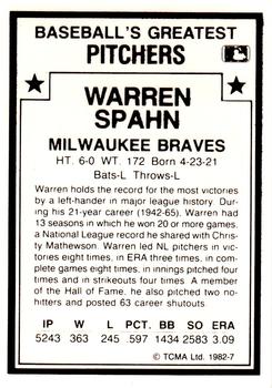 1987 TCMA 1982 Greatest Pitchers #7 Warren Spahn Back