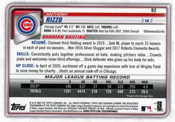2020 Bowman Chrome - Blue Refractor #92 Anthony Rizzo Back