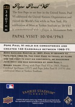 2008 Upper Deck Yankee Stadium Legacy - Historical Moments #3407 Pope Paul VI Back