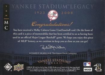 2008 Upper Deck Yankee Stadium Legacy - Memorabilia #MC Melky Cabrera Back