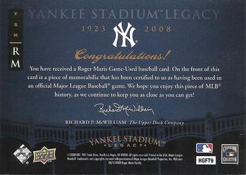 2008 Upper Deck Yankee Stadium Legacy - Memorabilia #RM Roger Maris Back