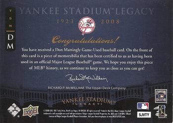 2008 Upper Deck Yankee Stadium Legacy - Memorabilia #DM Don Mattingly Back