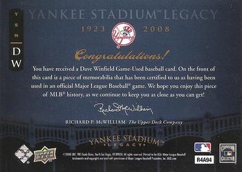 2008 Upper Deck Yankee Stadium Legacy - Memorabilia #DW Dave Winfield Back
