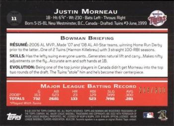2009 Bowman - Blue #11 Justin Morneau Back