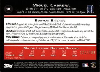2009 Bowman - Blue #18 Miguel Cabrera Back