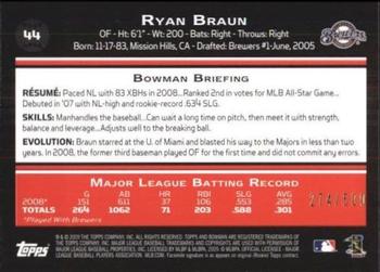 2009 Bowman - Blue #44 Ryan Braun Back