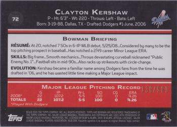 2009 Bowman - Blue #72 Clayton Kershaw Back
